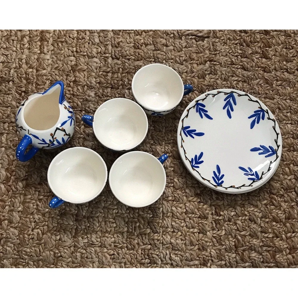Vintage Hand Painted‎ Tea Set Blue White Creamer 4 Cups Saucers Floral Pottery